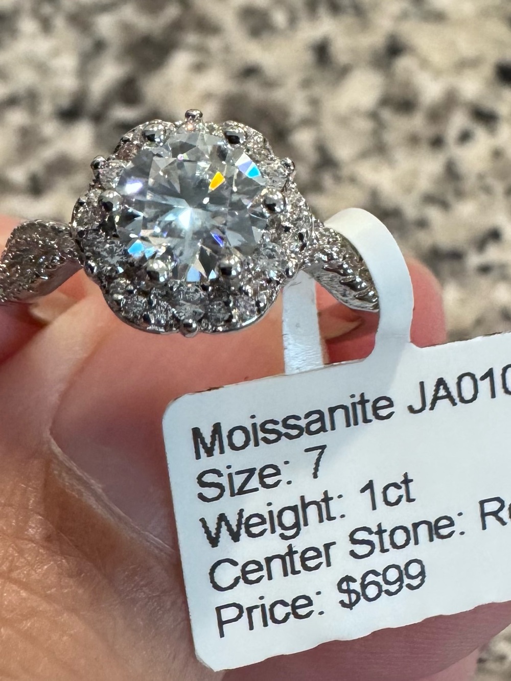 Moissanite Halo Engagement Ring in Silver - Size 7